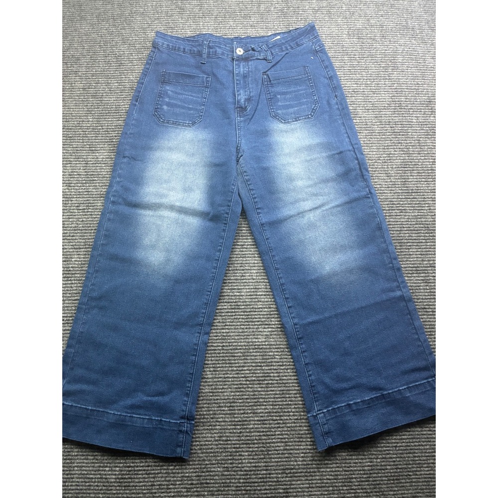Womens  XL 32x24 Wide Leg Cropped Jeans High Rise Patch Pocket Medium Blue Denim